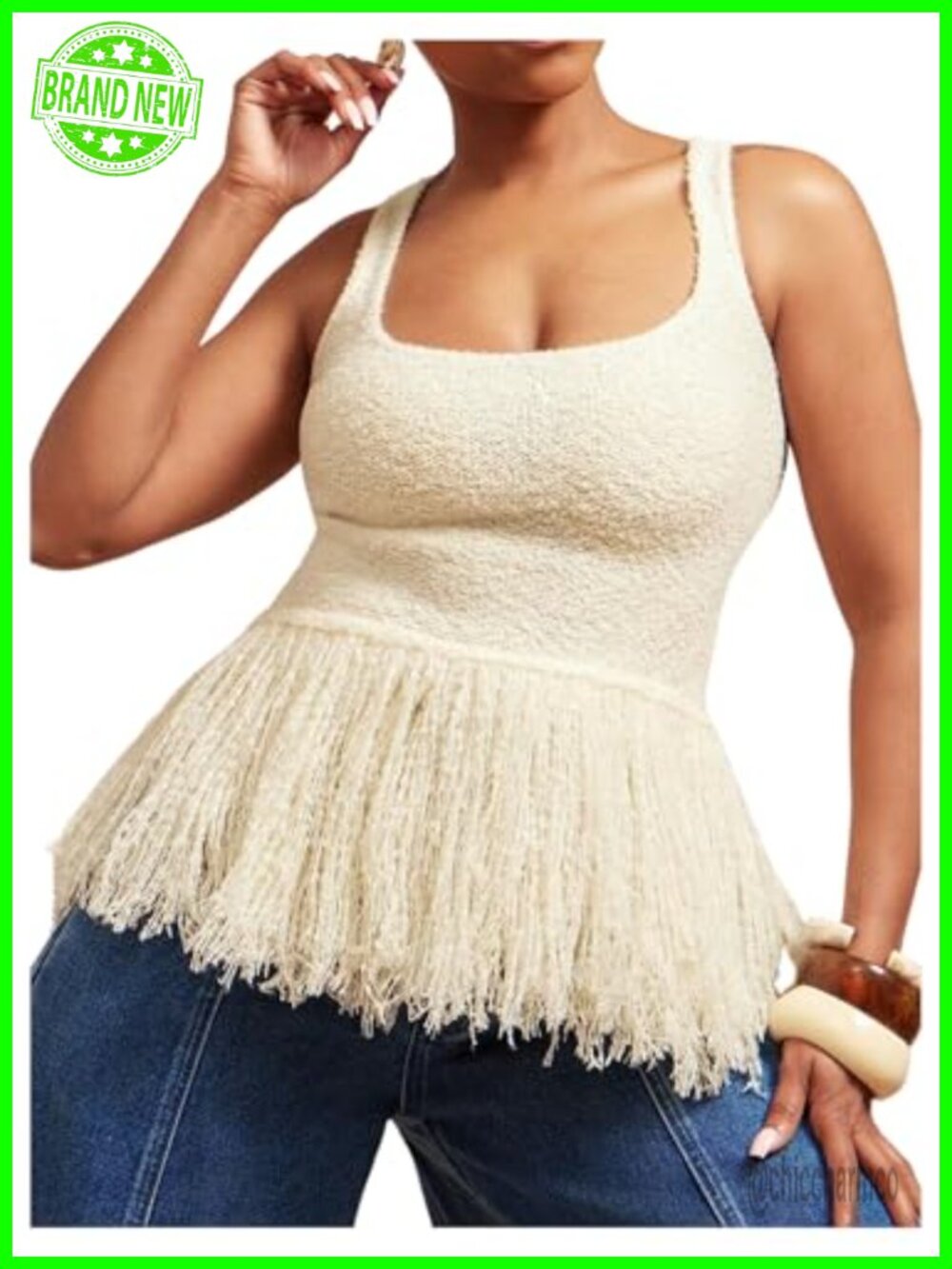 Fringe Knit Tank Top Scoop Neck Sleeveless Summer Vacation Going Out Top